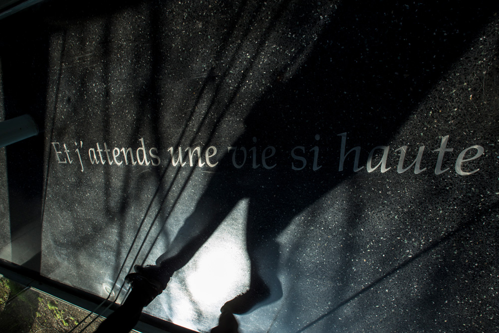 photo d'une phrase de Sainte-Thérèse d'Avila écrite sur le sol du musée, le jardin et un passant forment un contraste entre ombre et lumière