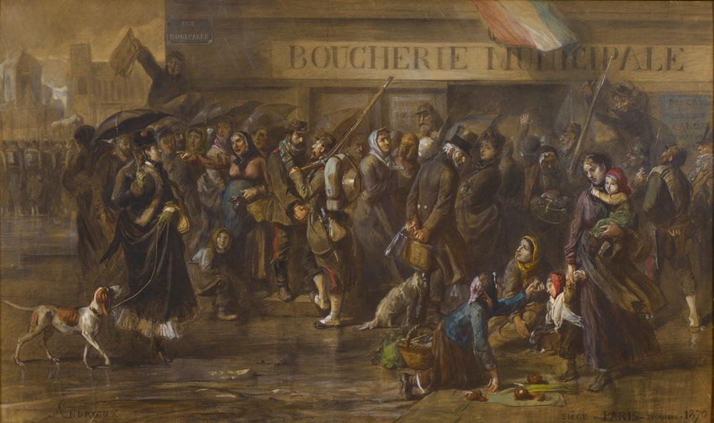 Dessin assez sombre représentant un groupe d'hommes, femmes et enfants devant une boucherie municipale pendant le Siège de Paris en 1870